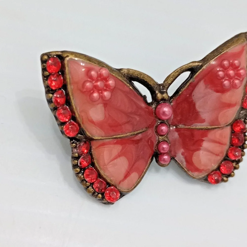 Vintage Butterfly Brooch Red Pink Rhinestone Resin Gold Tone‎ 1.75